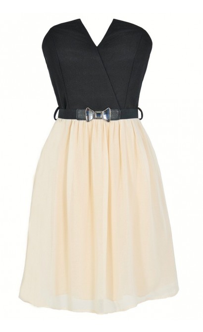 Tulip Garden Strapless Belted Dress in Black/Ivory